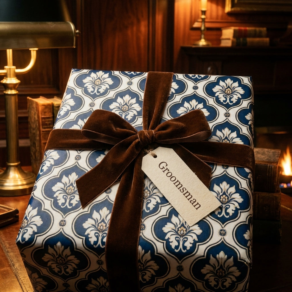Navy blue damask wrapping paper on a groomsman gift box with a brown velvet bow by Wrapped Studios.