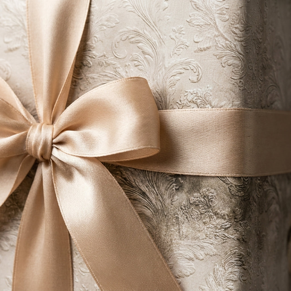 Luxury wedding wrapping paper in champagne gold damask with satin bow by Wrapped Studios.
