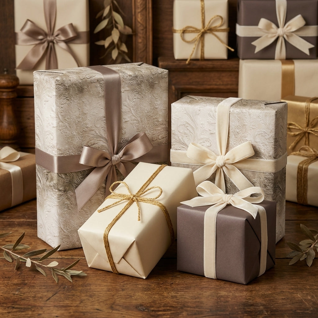 Luxury champagne damask wrapping paper with elegant velvet and satin ribbons by Wrapped Studios.
