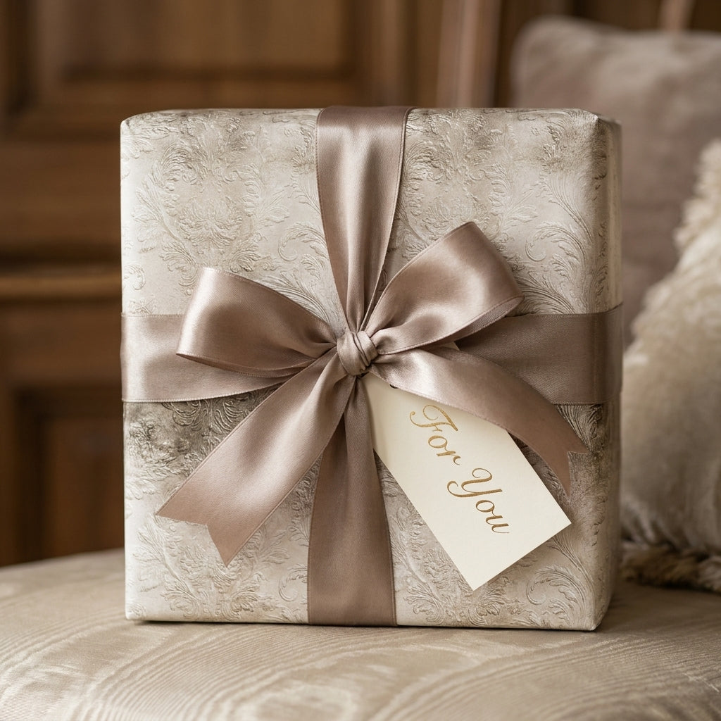 Elegant vintage damask wedding gift wrap with luxury champagne satin ribbon bow by Wrapped Studios.