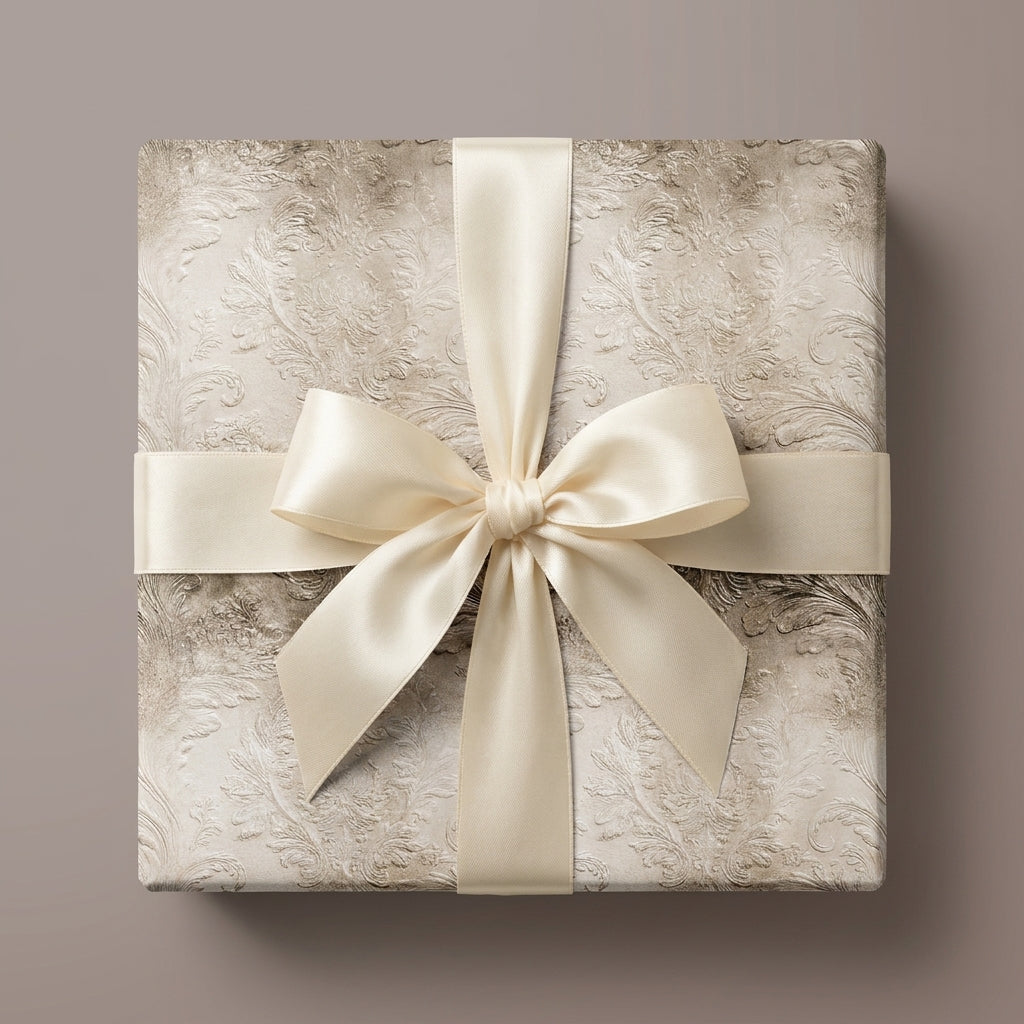 Luxury damask wrapping paper on a square gift box with a cream satin bow by Wrapped Studios.