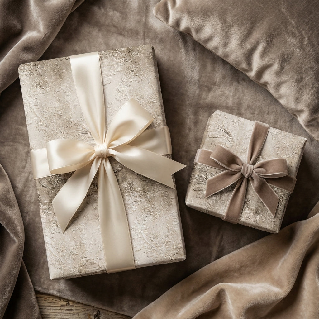 Elegant champagne damask wrapping paper with satin and velvet bows on gifts by Wrapped Studios.