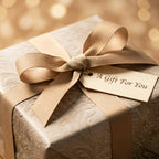 Luxury champagne gold wrapping paper with elegant damask pattern and ribbon by Wrapped Studios.