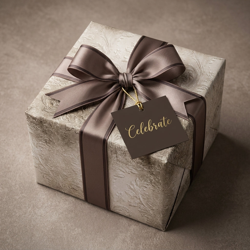 Elegant champagne damask wedding wrapping paper with brown ribbon and Celebrate tag by Wrapped Studios.