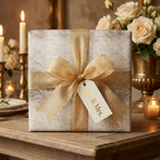 Luxury gold damask wedding wrapping paper with a sheer bow and Mr. & Mrs. gift tag by Wrapped Studios.