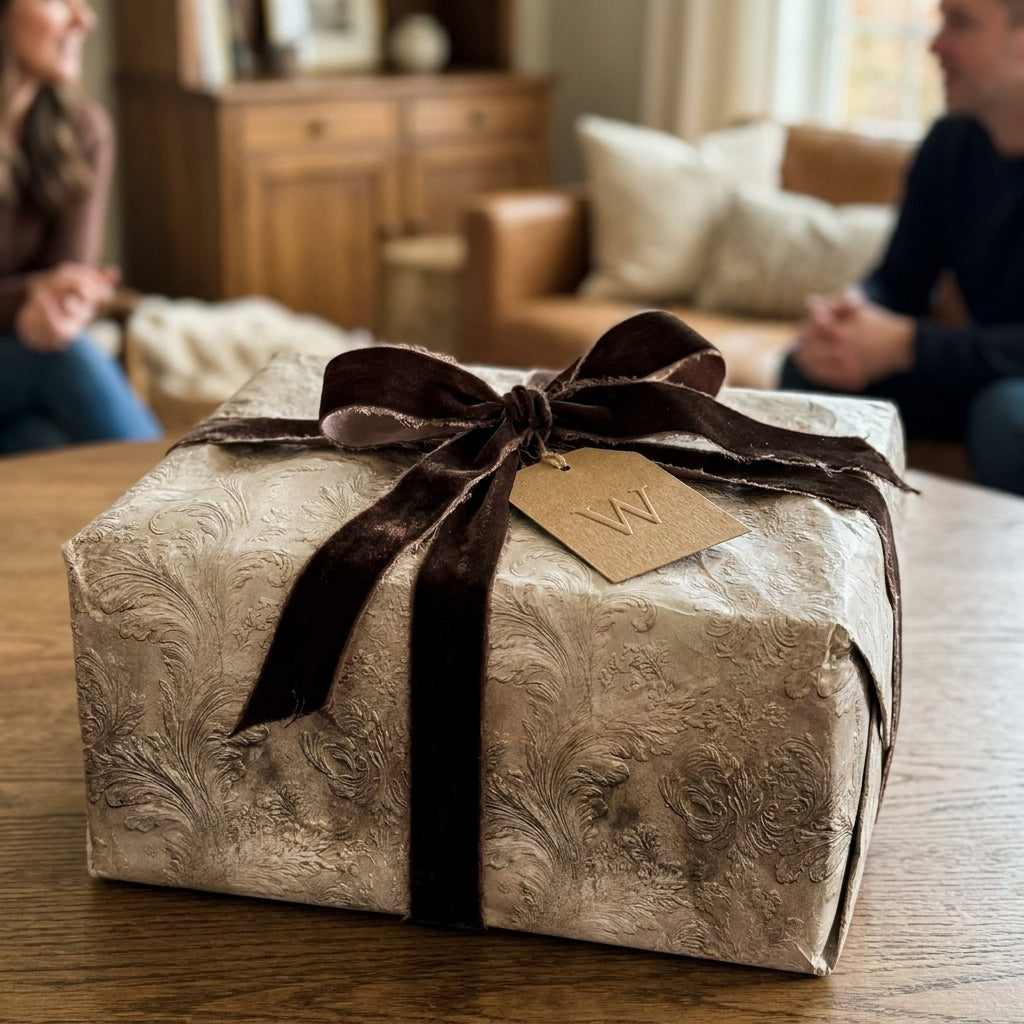 Elegant damask luxury gift wrap with a brown velvet ribbon and tag by Wrapped Studios.