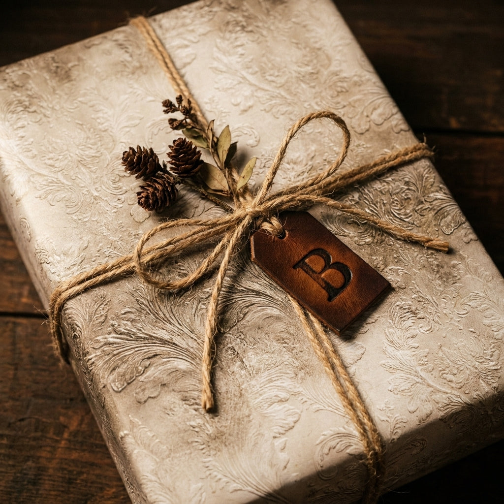 Elegant vintage gift wrap with embossed damask pattern and rustic twine bow by Wrapped Studios.