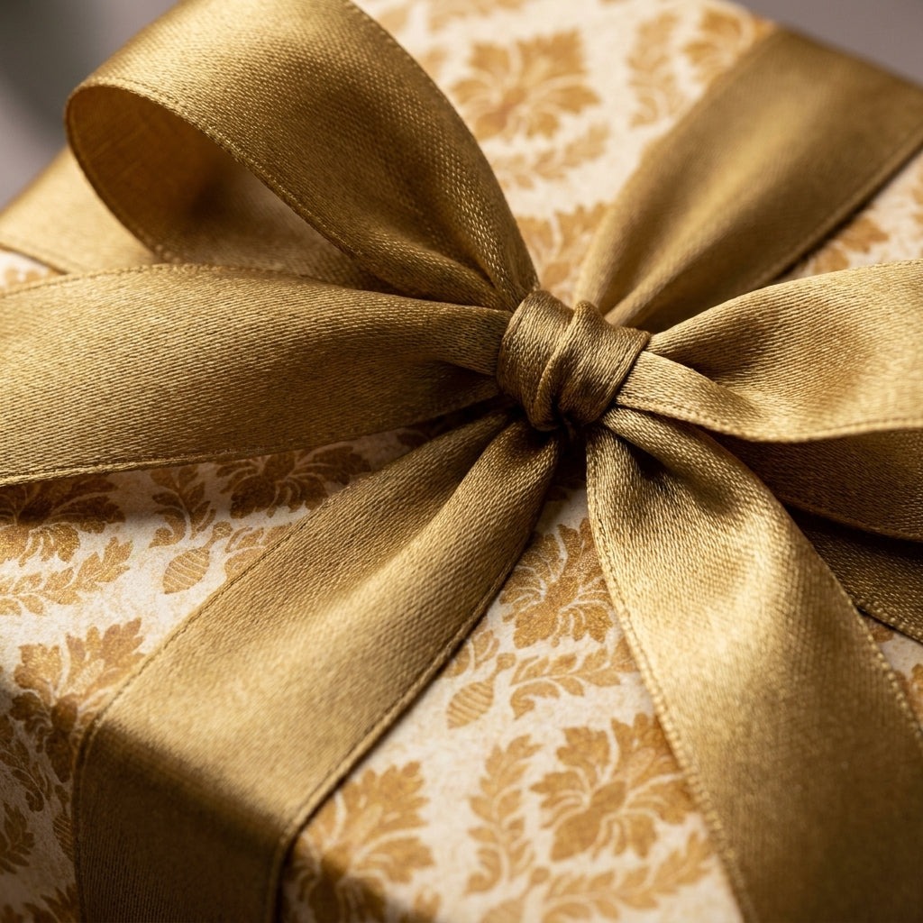 Elegant gold damask wrapping paper with a luxury satin ribbon bow by Wrapped Studios.
