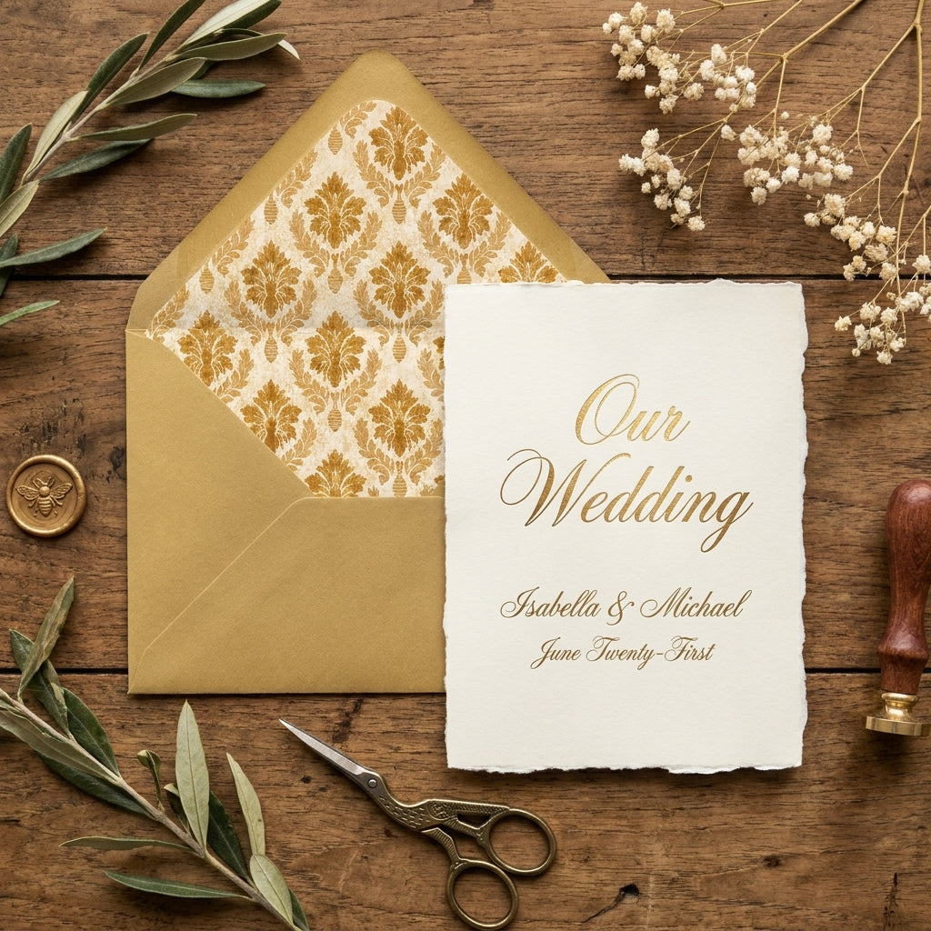 Elegant gold damask wedding invitation and floral envelope liner on rustic wood by Wrapped Studios.