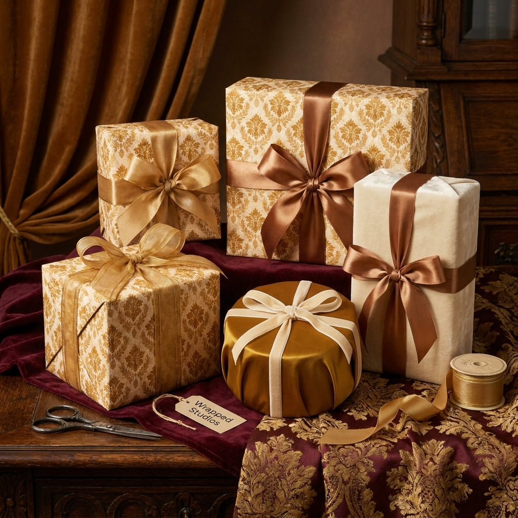 Vintage gold damask wrapping paper and luxury gift wrap with elegant satin bows by Wrapped Studios.
