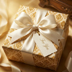Luxury gold damask wrapping paper with a cream satin bow and "For You" tag by Wrapped Studios.