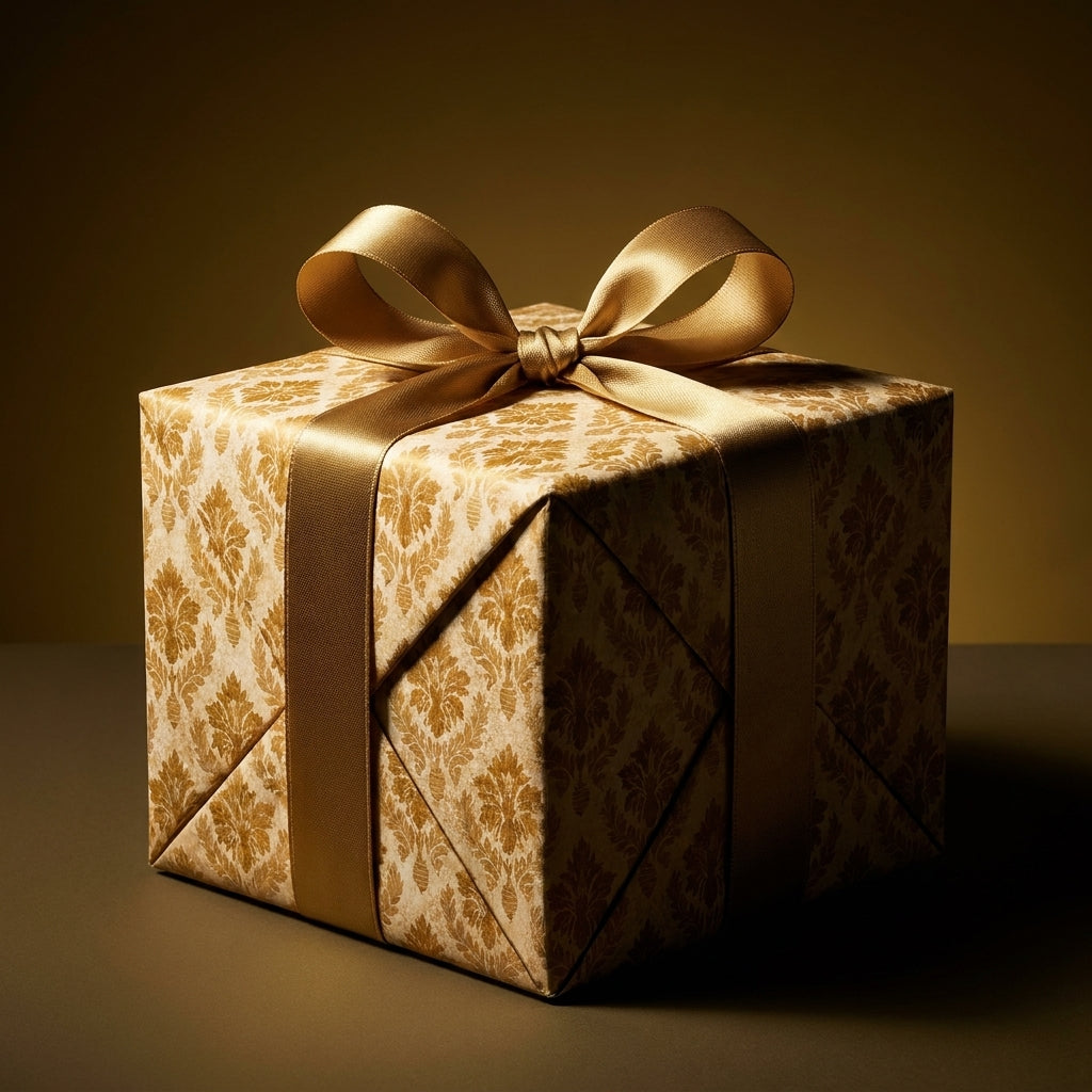 Luxury gold damask wrapping paper with a satin ribbon bow on a gift box by Wrapped Studios.