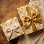 Luxury gold floral wrapping paper with elegant satin ribbons on gift boxes by Wrapped Studios.