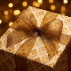 Luxury gold wrapping paper with damask pattern and sheer ribbon by Wrapped Studios.