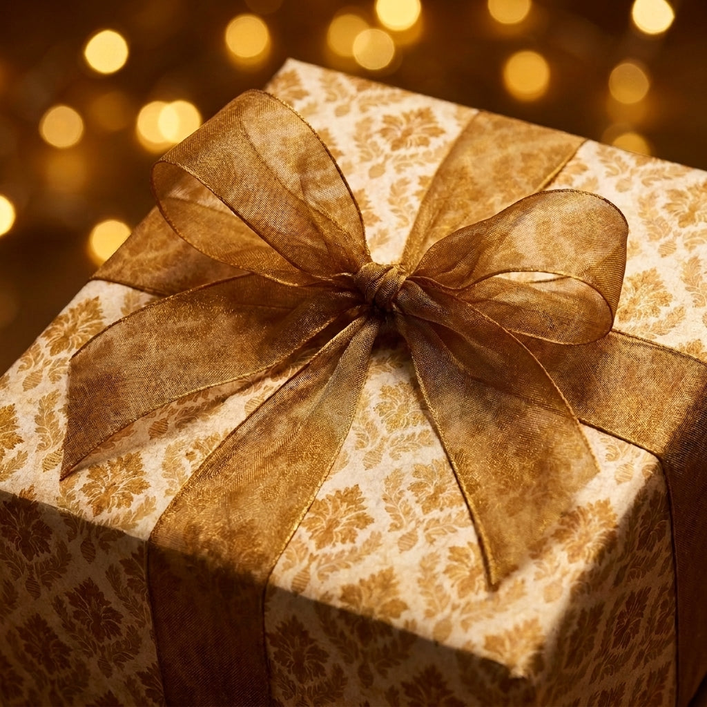 Luxury gold wrapping paper with damask pattern and sheer ribbon by Wrapped Studios.