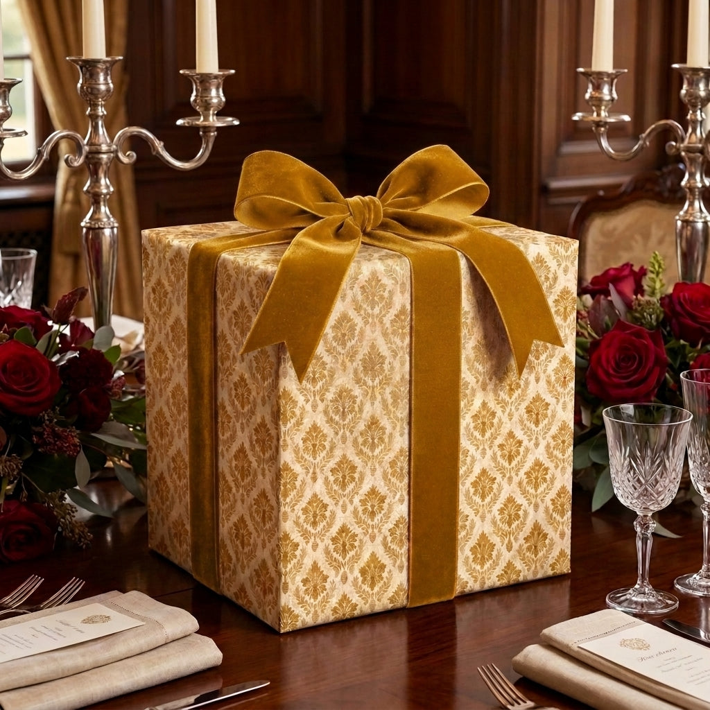 Luxury gold damask wrapping paper and velvet ribbon on an elegant holiday gift box by Wrapped Studios.