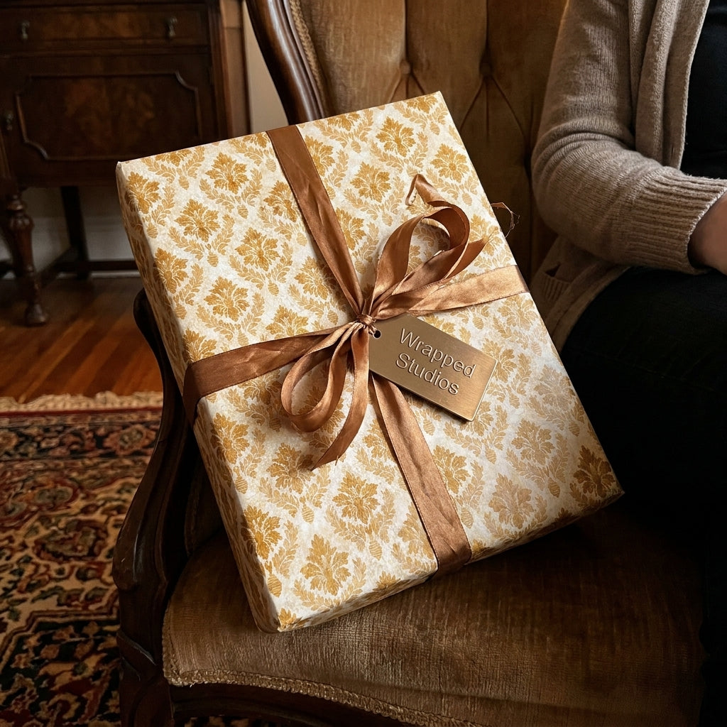 Luxury vintage floral wrapping paper in gold and cream with bronze ribbon by Wrapped Studios.