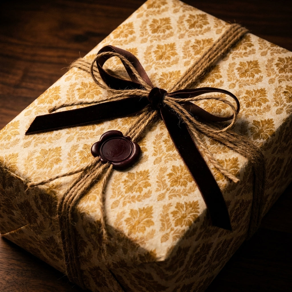 Luxury vintage wrapping paper in gold damask on a gift box with a velvet bow and wax seal by Wrapped Studios.