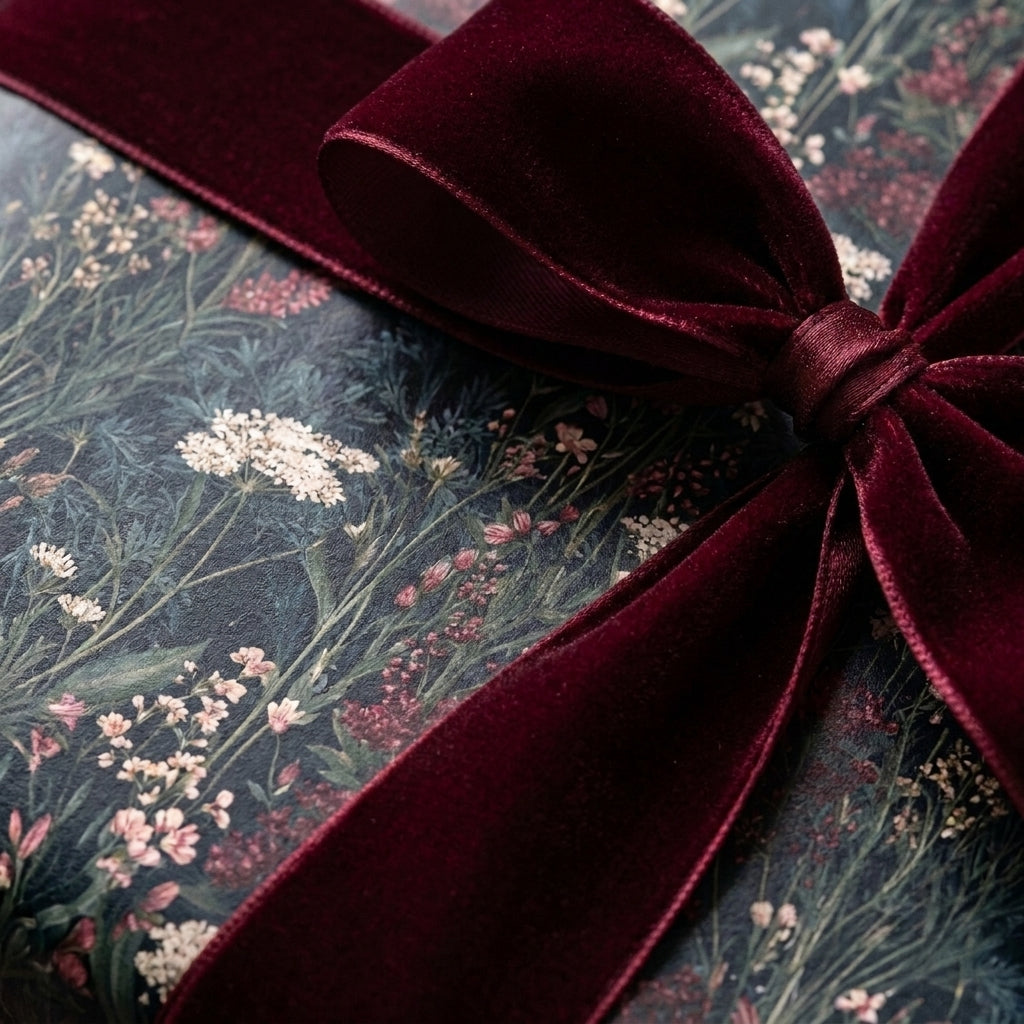 Luxury floral wrapping paper with a vintage botanical print and burgundy velvet ribbon by Wrapped Studios.