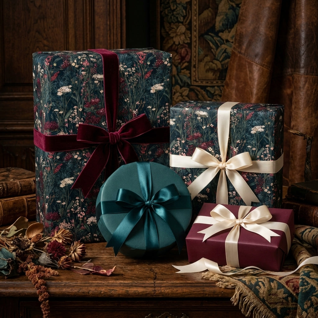 Luxury moody botanical wrapping paper on elegant gift boxes with velvet ribbons by Wrapped Studios.