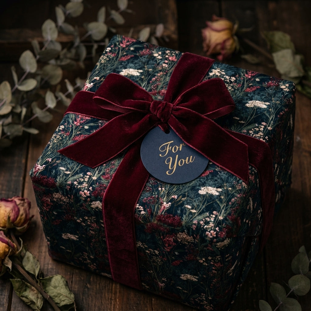 Luxury vintage floral wrapping paper on a gift box with a burgundy velvet ribbon by Wrapped Studios.