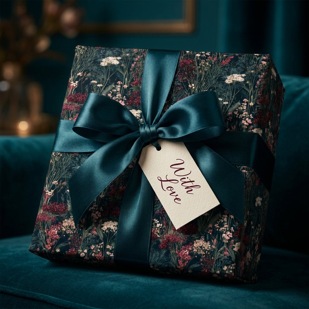 Luxury botanical wrapping paper with dark teal satin ribbon and a "With Love" gift tag from Wrapped Studios.