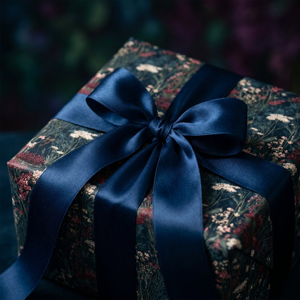 Dark botanical wrapping paper with a navy blue satin bow, luxury floral gift wrap by Wrapped Studios.