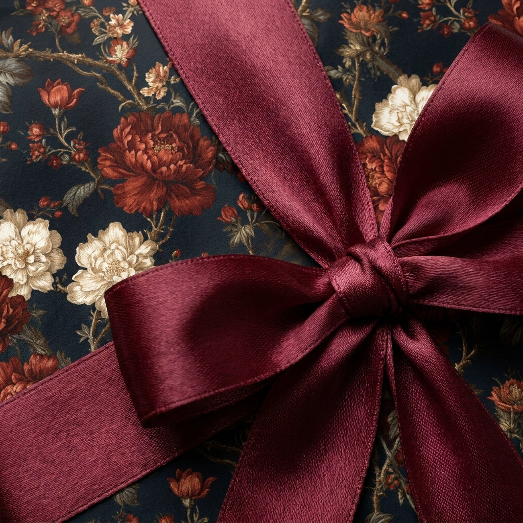 Luxury vintage floral wrapping paper with a burgundy satin bow by Wrapped Studios.