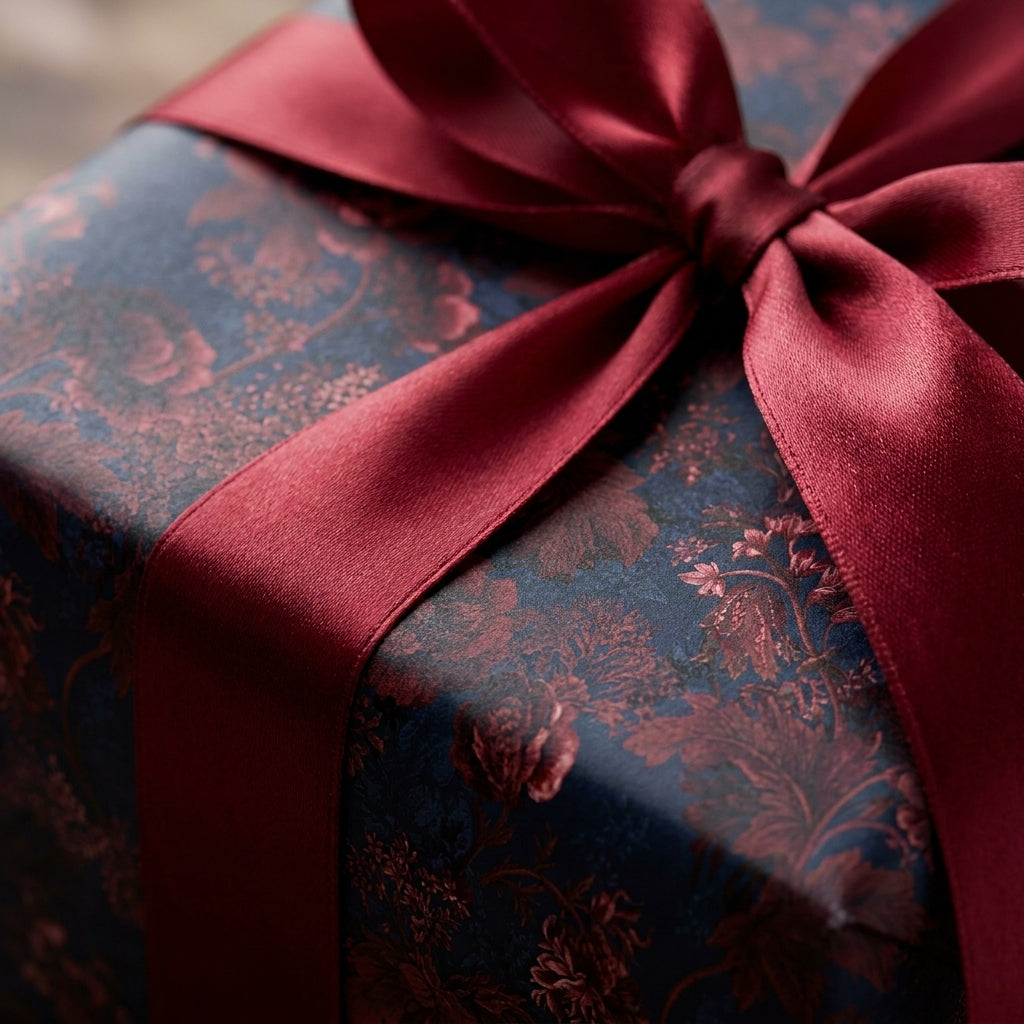 Luxury vintage floral wrapping paper in navy and burgundy with a satin ribbon bow by Wrapped Studios.