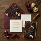 Luxury moody floral wrapping paper in burgundy and navy for elegant wedding gifts, by Wrapped Studios.