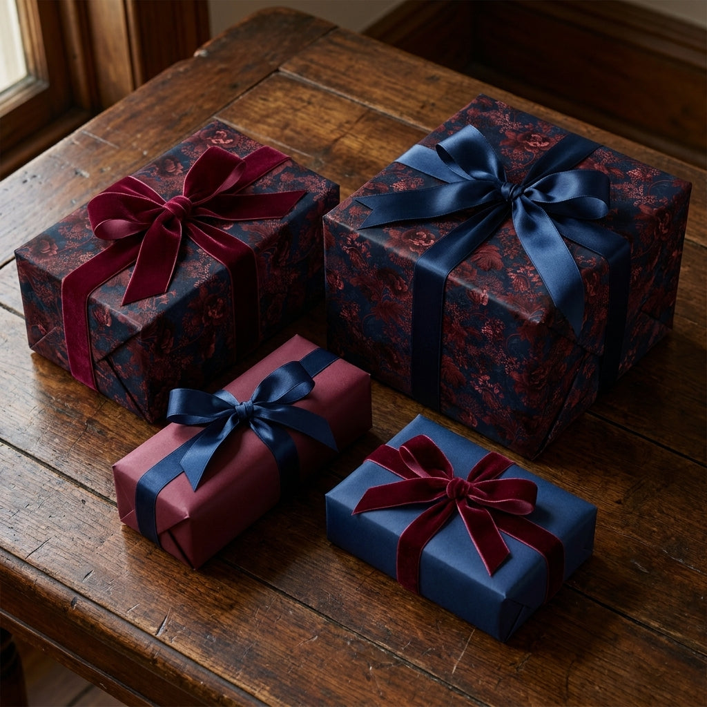 Luxury floral wrapping paper in navy and burgundy with velvet ribbons on gift boxes by Wrapped Studios.