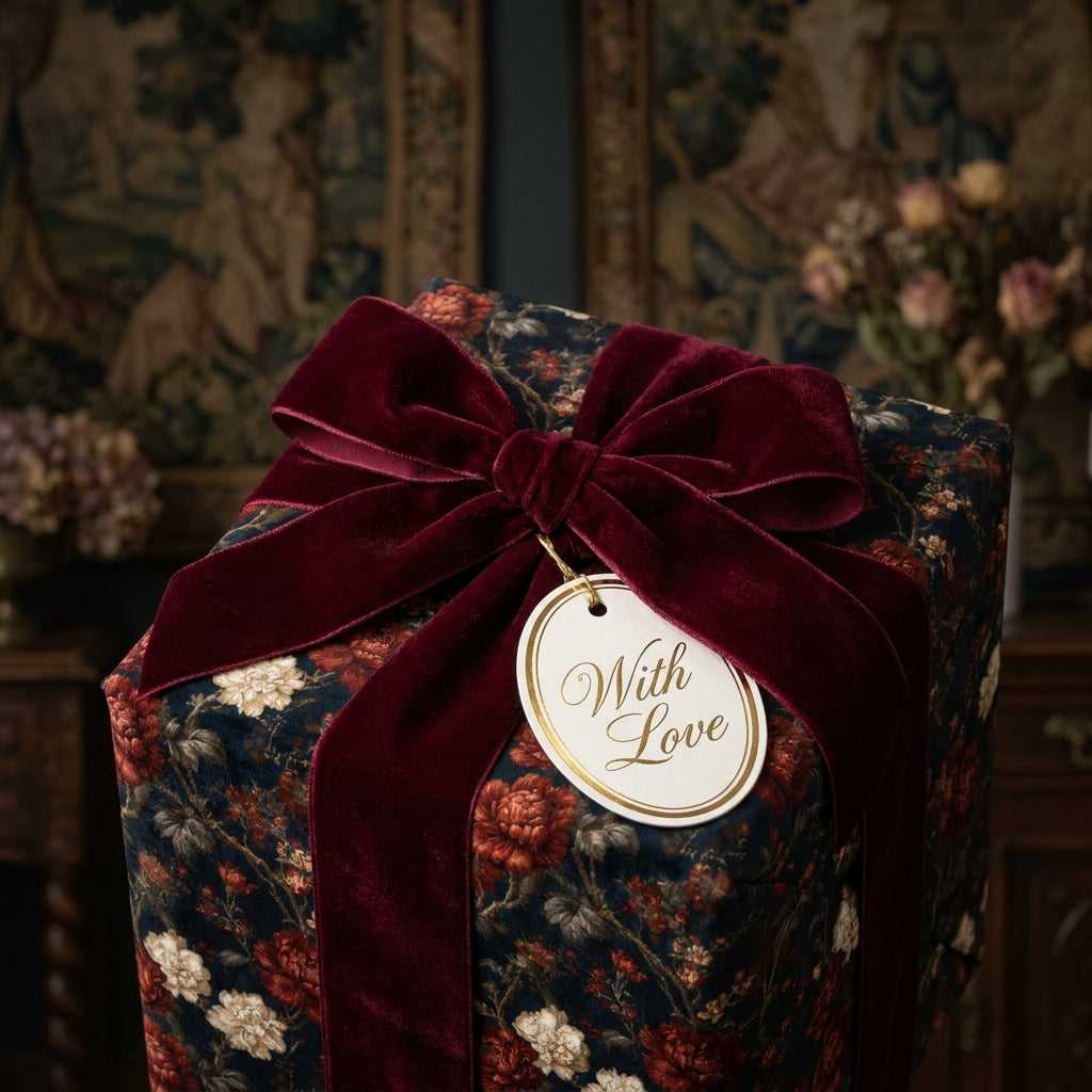 Luxury dark floral wrapping paper with a burgundy velvet ribbon and gift tag by Wrapped Studios.