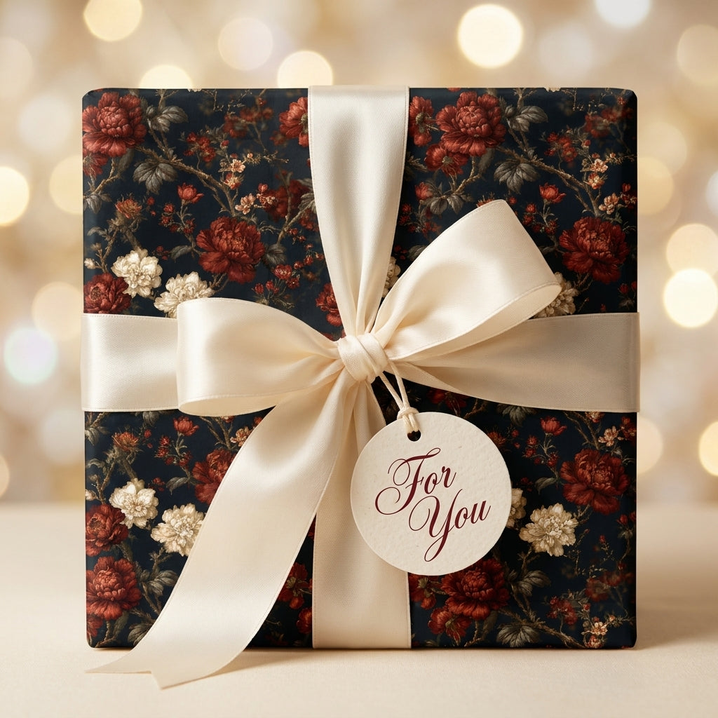 Vintage floral wrapping paper with a cream satin bow and gift tag, luxury gift wrap by Wrapped Studios.