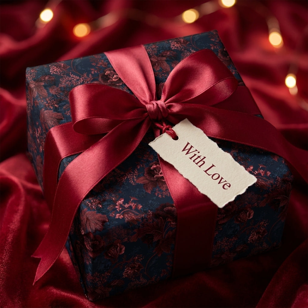 Luxury dark floral wrapping paper by Wrapped Studios with a red satin bow and 'With Love' tag.