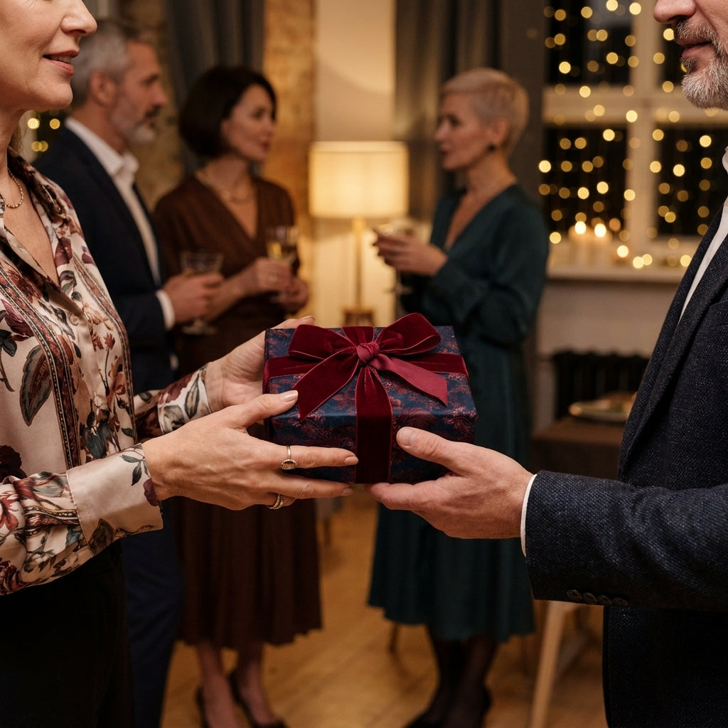 Exchanging a holiday gift wrapped in luxury navy floral paper and burgundy velvet ribbon by Wrapped Studios.
