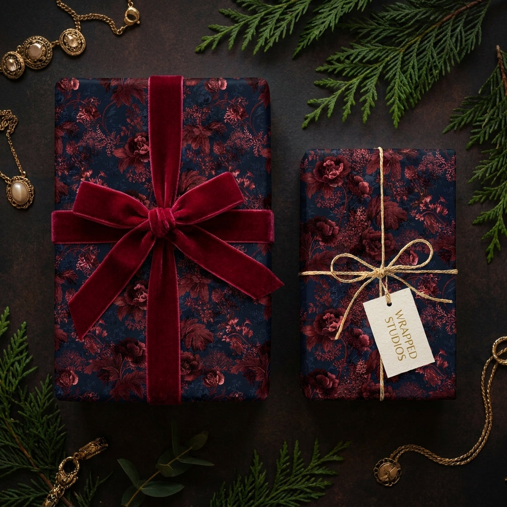 Luxury navy and burgundy floral Christmas gift wrap with velvet ribbon by Wrapped Studios.