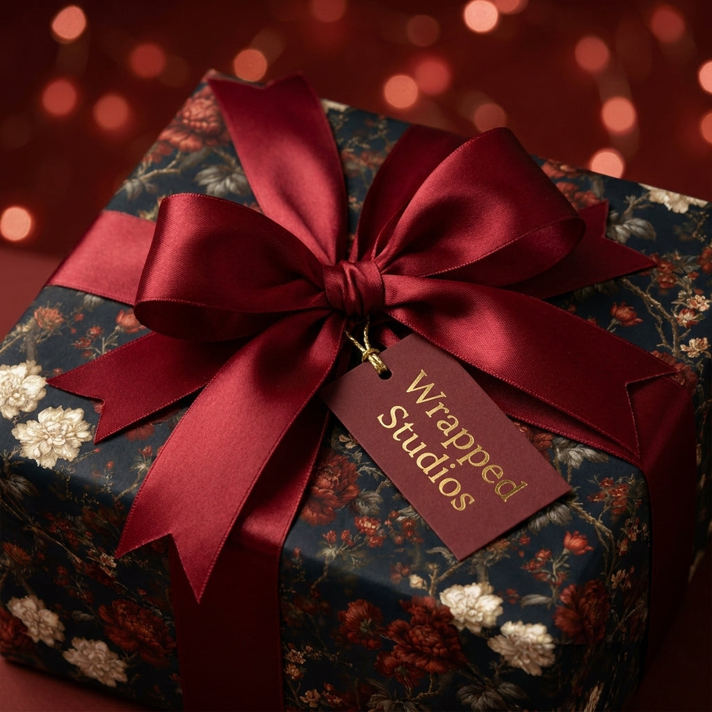 Luxury vintage floral wrapping paper with a burgundy satin bow by Wrapped Studios.