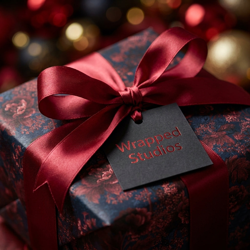 Moody floral wrapping paper with red satin bow by Wrapped Studios, perfect for luxury Christmas gift wrap.