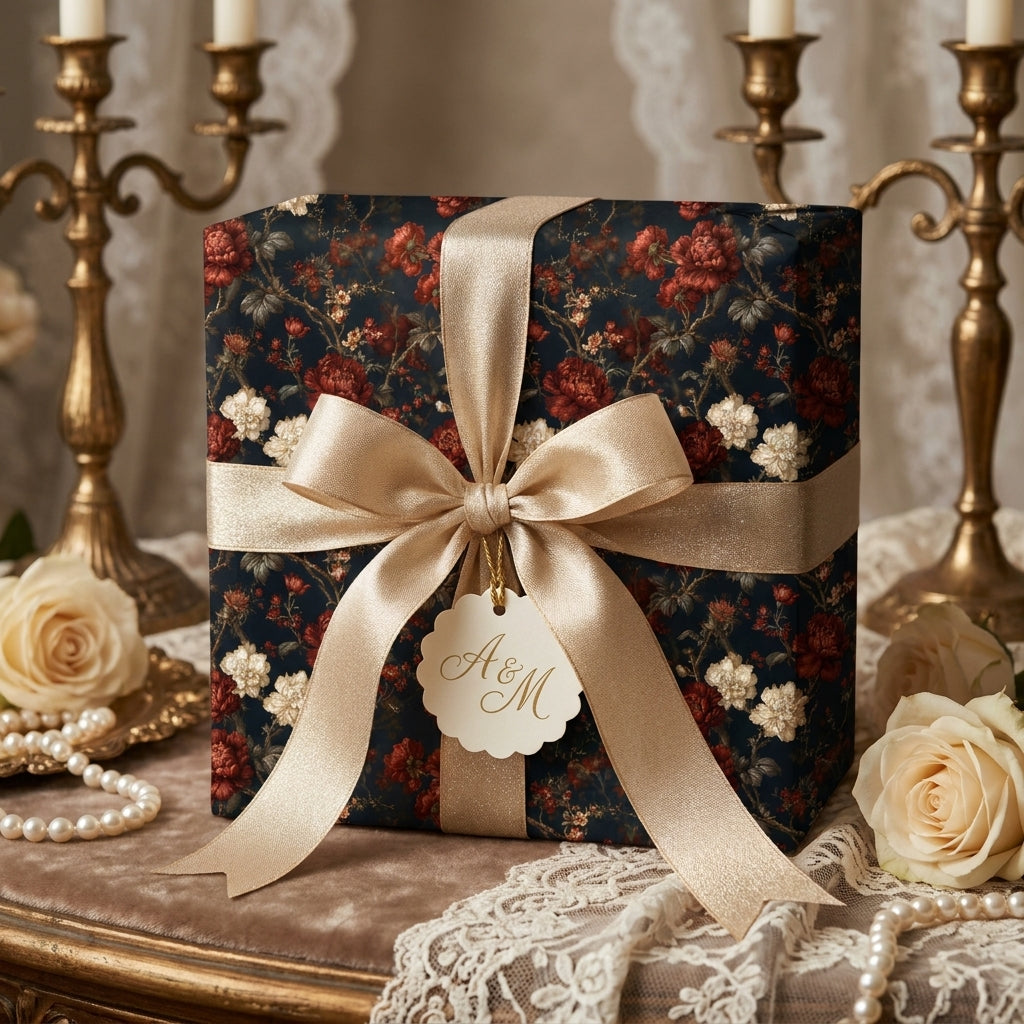 Luxury vintage floral wrapping paper in navy and red with a gold ribbon by Wrapped Studios.