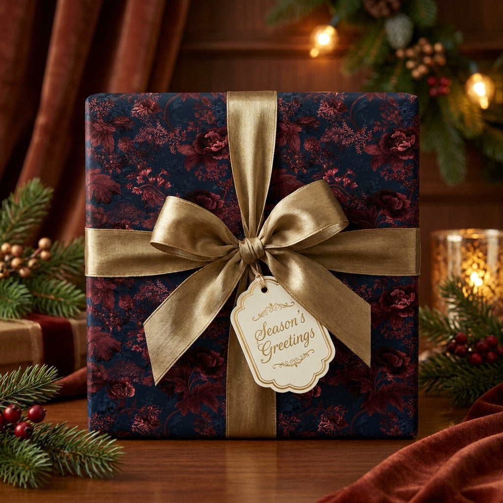 Luxury floral Christmas wrapping paper in navy and burgundy with a gold bow by Wrapped Studios.