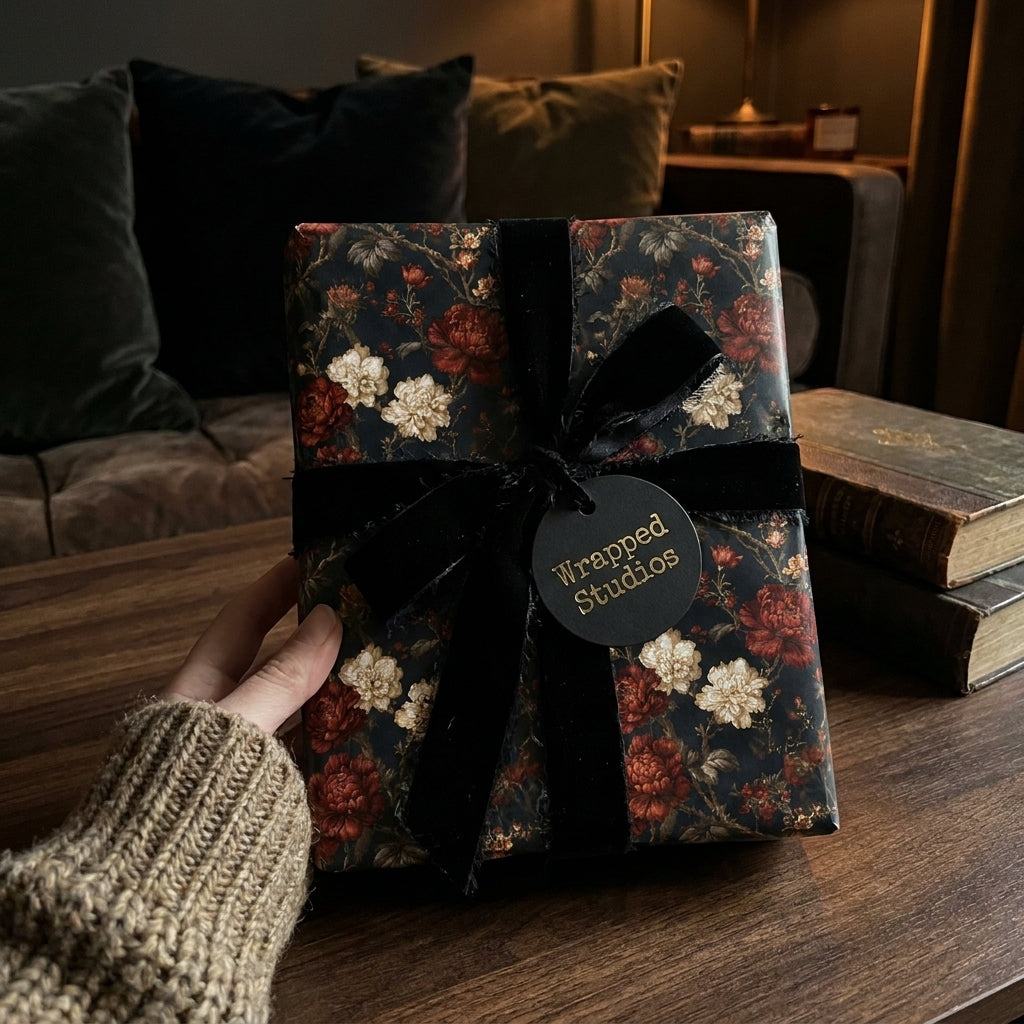 Moody floral wrapping paper with a black velvet ribbon on a luxury gift box by Wrapped Studios.