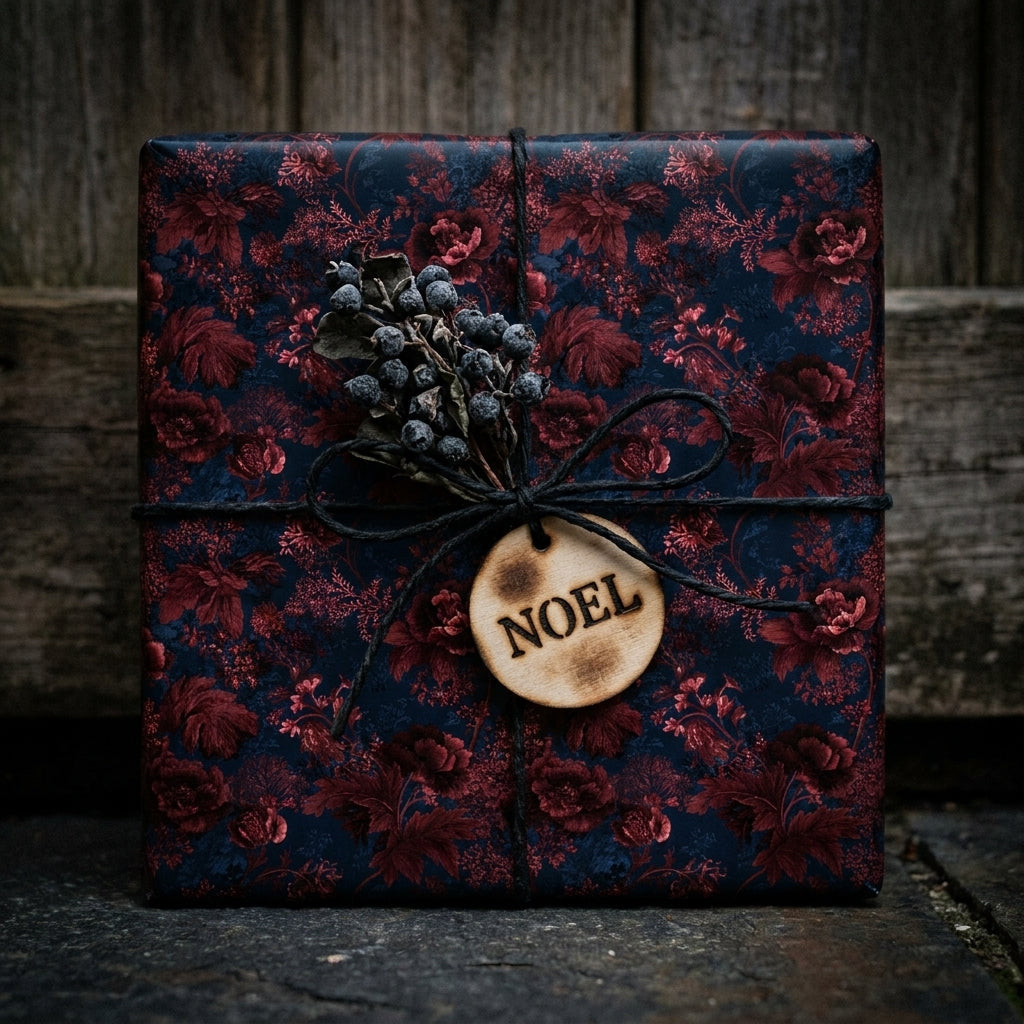 Luxury dark floral Christmas gift wrap with wooden Noel tag and rustic twine by Wrapped Studios.