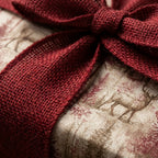 Rustic woodland deer Christmas wrapping paper with a red burlap ribbon bow by Wrapped Studios.