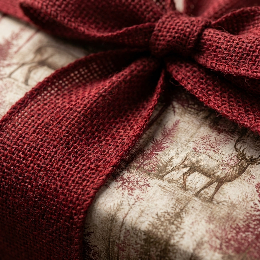 Rustic woodland deer Christmas wrapping paper with a red burlap ribbon bow by Wrapped Studios.