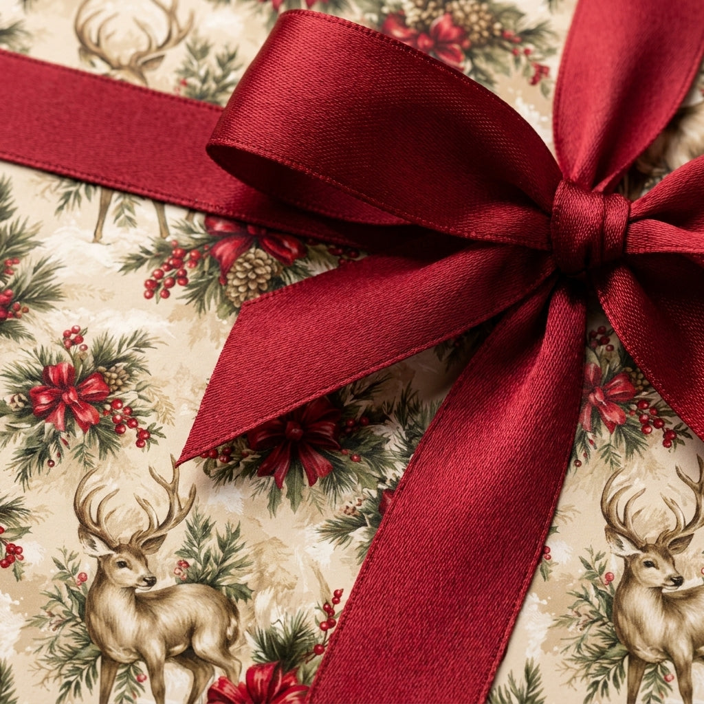 Luxury Christmas gift wrap with a vintage reindeer pattern and red satin ribbon bow by Wrapped Studios.