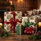 Luxury vintage deer Christmas wrapping paper on gifts with velvet ribbons by Wrapped Studios.
