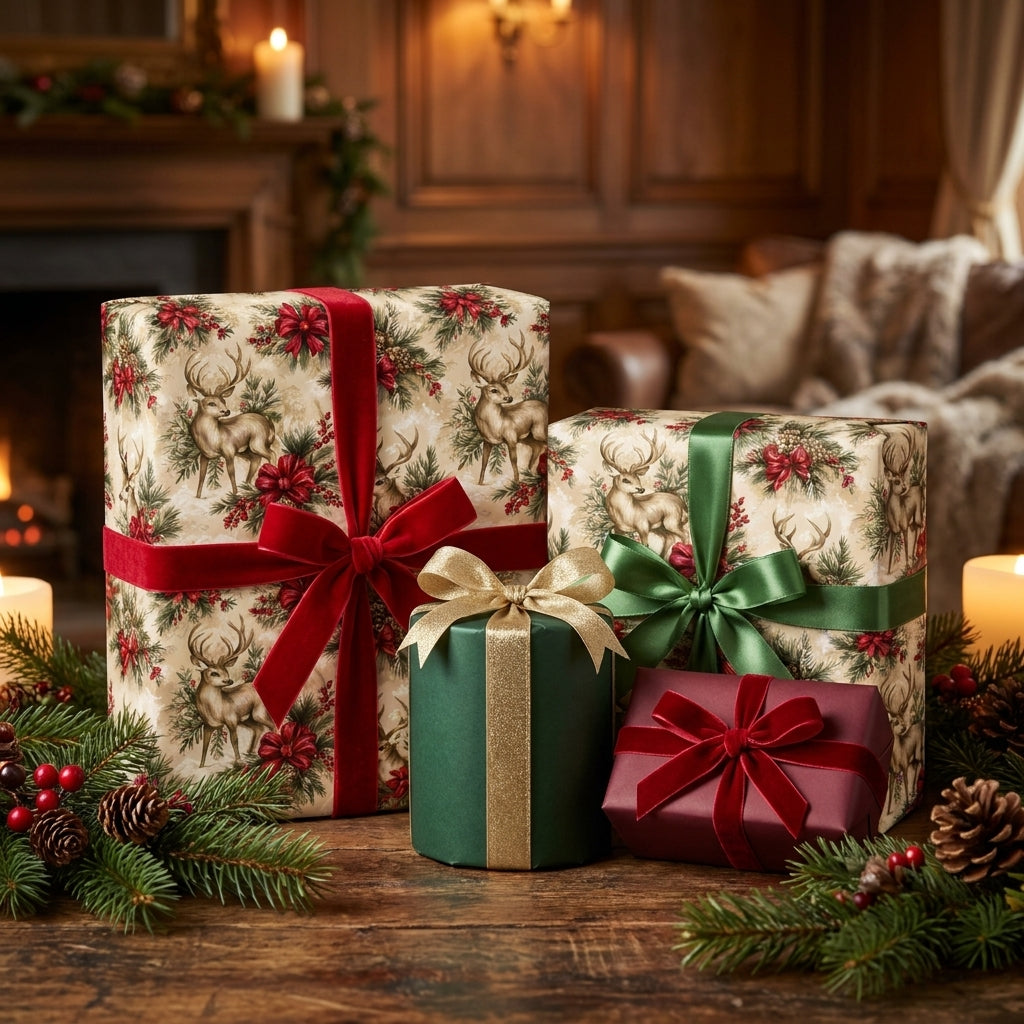 Luxury vintage deer Christmas wrapping paper on gifts with velvet ribbons by Wrapped Studios.