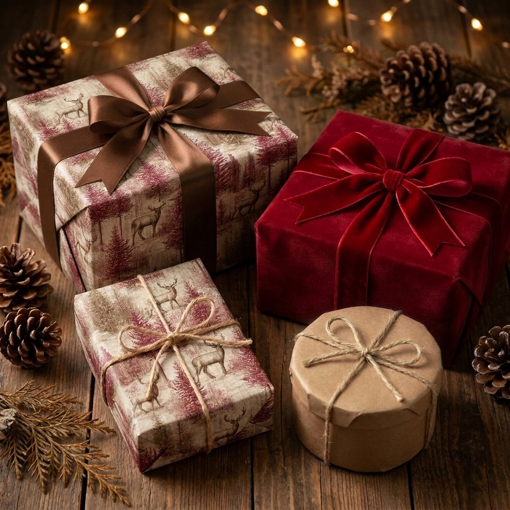 Rustic deer Christmas wrapping paper on gifts with velvet ribbon by Wrapped Studios.