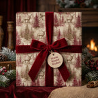 Vintage deer Christmas wrapping paper with a red velvet bow by Wrapped Studios.