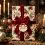 Vintage Christmas wrapping paper with deer pattern and red velvet bow by Wrapped Studios.